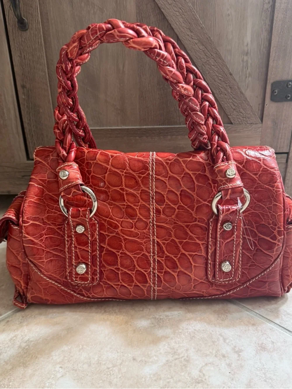 Francesco Biasia Red Braided-Handle Women’s Satchel Bag - Picture 7 of 13